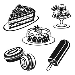 Black and white illustration of assorted desserts cake