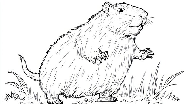 Meadow Vole Standing in Grass, Wildlife Illustration, Coloring Book