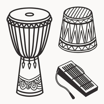 African drums and kalimba instrument silhouette set