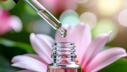 Essential oil dropper with a single drop falling into a small bottle, surrounded by soft pink lotus flowers and bokeh lights.