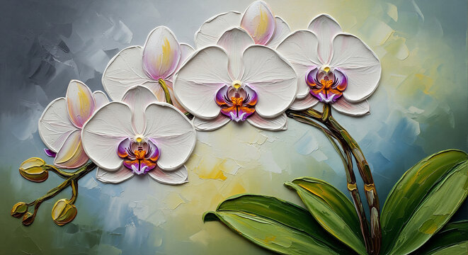 Elegant white Phalaenopsis orchid branch 3D oil art painting, 3D relief wallpaper for mural wall art, canvas print, wall decor painting design