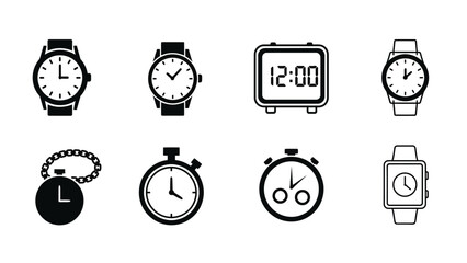 Collection of various clock and watch icons representing timekeeping devices