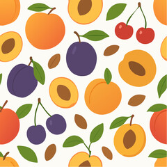 Stone fruit seamless vector pattern peaches plums cherries