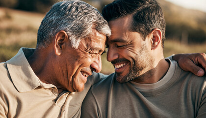 Senior father and adult son smiling together outdoors, sharing warm, genuine moment with arms around each other, expressing happiness and close family bond in natural sunlight