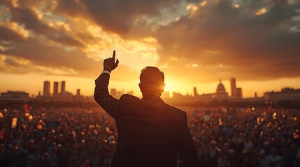 Leader addressing a large crowd at sunset