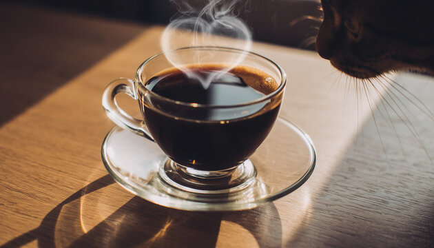 Glass coffee cup with dark coffee and heart shaped steam on wooden table, sunlight streaming in, curious cat looking at cup, cozy and warm atmosphere - Powered by Adobe