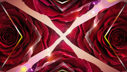 Red rose petals arranged in geometric triangular pattern with faceted gemstone reflections, glowing light effects, and symmetrical abstract design create romantic and modern mood