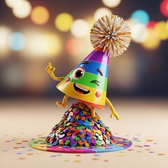A playful party hat character celebrating on a pile of confetti with a festive bokeh background
