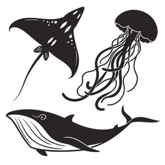 Black silhouettes of whale manta ray and jellyfish © MST CHIN BANU BEGUM