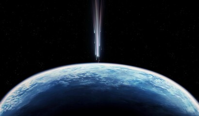 Comet is approaching Earth. Celestial body against the background of a blue planet. Meteorite in space.