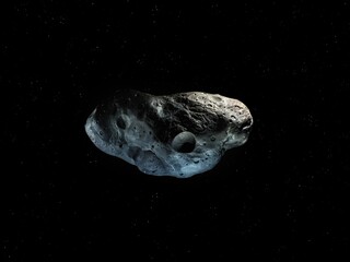 Large asteroid in space. Cratered cosmic stone from the asteroid belt. Meteorite on a black background. © Nazarii