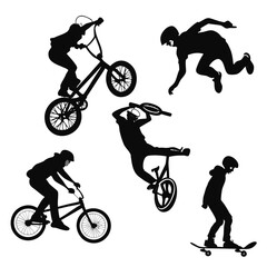 Obraz premium Black silhouettes of skateboarders and B M X riders performing tricks
