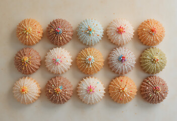 Assorted colorful macarons arranged in rows on white surface sweet dessert