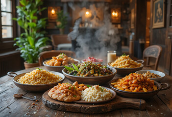 Obraz premium Steaming bowls of food on wooden table in restaurant