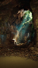 Sun rays illuminate a cave filled with dense trees and scattered rocks.