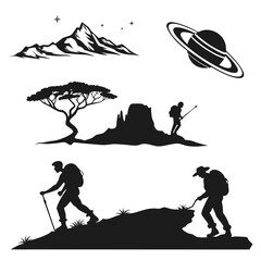 Black silhouettes of hikers mountains planet and tree © MST CHIN BANU BEGUM