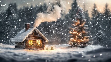 Snowy cabin christmas scene
