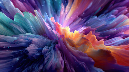 Stunning macro texture of an abstract 3D radial explosion. Vivid, feathery spikes in magenta, blue, purple, and orange burst from the center, creating a cosmic, dreamy, colorful background