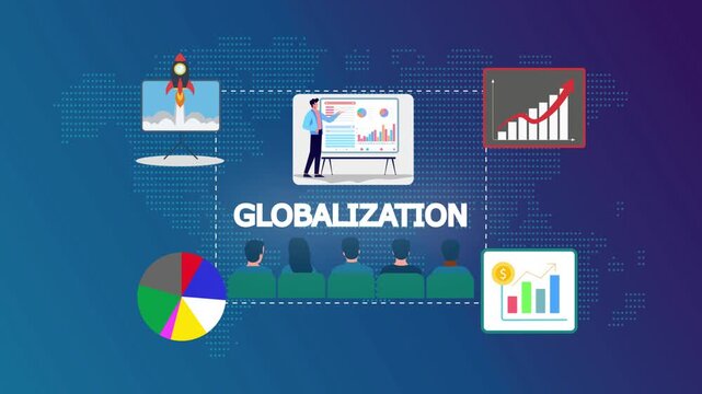 Business growth globalisation presentation project animation illustrating cross-border expansion and international integration.
