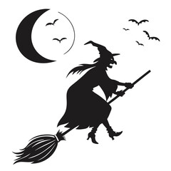 Black silhouette witch flying on broomstick with bats and moon