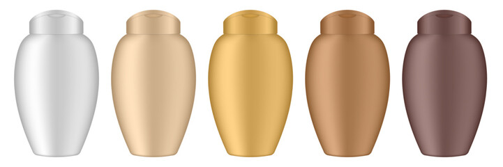 Set of cosmetic bottles for lotion or body milk. Brown, bronze, white, gold and beige bottles. Cream, shampoo, shower gel or body lotion