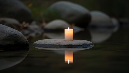 Minimalist candlelight beside calm water in nature