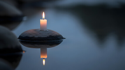Single candle casting warm glow beside still water
