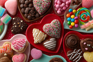Valentine's Day atmosphere concept. Top view photo of heart shaped plates with confectionery candies cookies and lollipops on isolated red background with copyspace in the middle