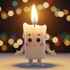 Cheerful candle character design against a warm and festive bokeh backdrop