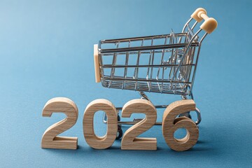 A miniature shopping cart next to wooden '2026' numbers on a blue background. This image symbolizes future retail, consumer trends, economic forecasts, and new year planning. Ideal for business, finan