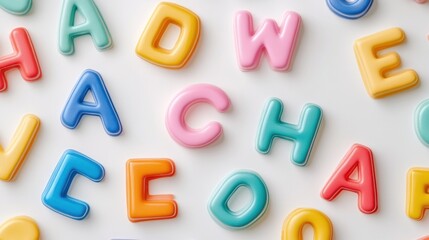Obraz premium Colorful 3D alphabet letters scattered on a white background, vibrant and playful