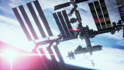 International Space Station ISS floating in orbit above planet earth in outer space elements by NASA