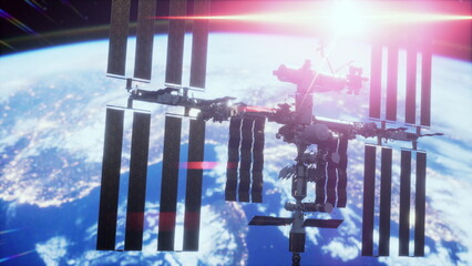 International Space Station ISS floating in orbit above planet earth in outer space elements by NASA