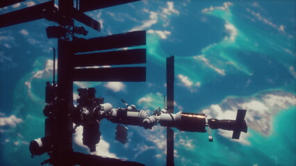 panorama of the rotating International Space Station illuminated by the sun seen from a satellite in its orbit. Elements furnished by NASA