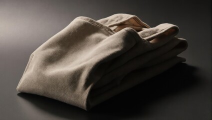 A beige, folded textile rests on a dark surface, lit with soft, directional light