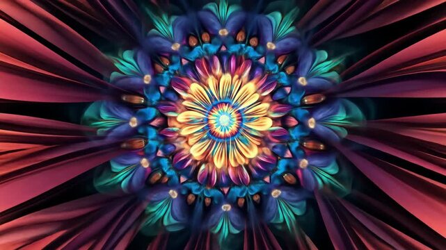 Abstract floral design with symmetrical patterns and vibrant colors