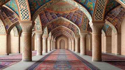 Obraz premium Ornate interior of an arched building with patterned ceilings, columns and a long red carpet