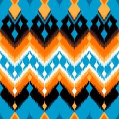 Ethnic ikat dye yarns weaving seamless pattern. Vector hand drawn craftsmanship, embroidery, bohemian, abstract geographic art fabric ikat textile material design for clothing, wallpaper, carpet	
