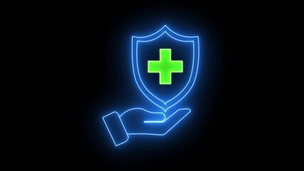 Neon hand holding shield icon with a medical cross, plus icon. Represents health protection, medical safety, cyber security, insurance, and digital healthcare. financial security and online insurance - Powered by Adobe