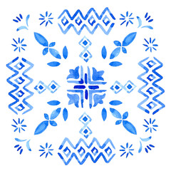 A hand-drawn watercolor blue square with a Mediterranean-style ornament. Blue and white title design in azulejo style use as print, decoration, postcard, element design, textile, package, fabric.