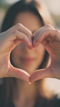 Blurred woman forming a heart with fingers for audience. Ideal for valentines day, love, relationships, greetings, romance, emotional concepts.