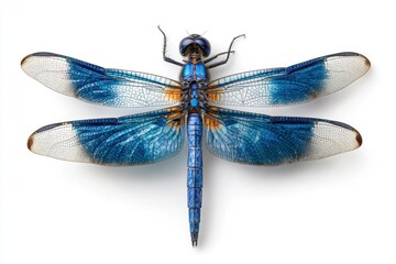 A stunning, high-detail macro photograph captures the intricate beauty of a dragonfly against a pristine white background. The insect's segmented body and delicate, veined wings display vibrant shades