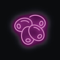 Neon sign showing three olives glowing purple on a black background