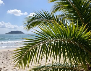 Obraz premium Tropical Beach With Palm Leaves Framing A Serene Island Landscape Under A Bright Sky