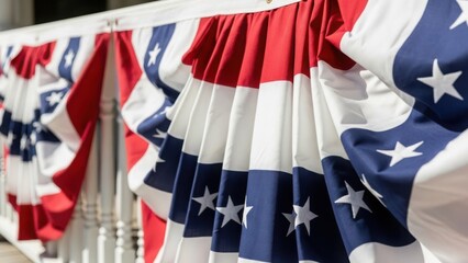 Patriotic American flag bunting decoration for the 4th of July. Red, white, and blue pleated fabric with stars for a national holiday celebration