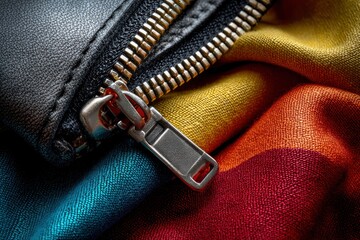 A vibrant and highly detailed macro shot showcases the intricate textures and striking colors of a zipper closure on a garment. The metallic teeth and silver-toned pull tab gleam, contrasting sharply 