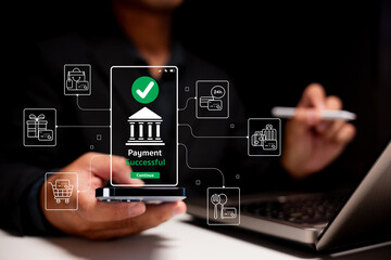 A hand holds a smartphone displaying a "Payment Successful" message, surrounded by icons representing online transactions and services.