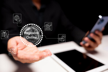 A person holds a smartphone displaying online payment options, symbolizing digital transactions and e-commerce technology.