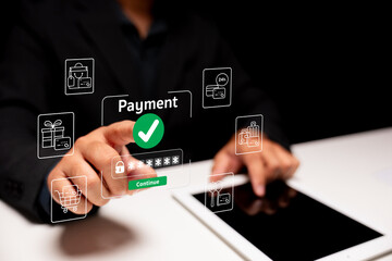 A person interacts with a digital payment interface, showcasing a transaction process with various icons and a confirmation checkmark.