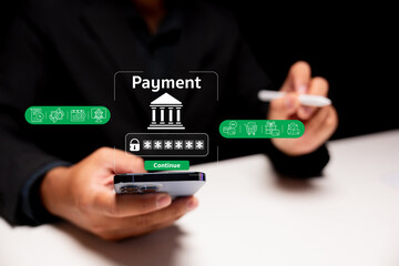 A person uses a smartphone to make a secure payment, with digital icons representing transactions displayed on the screen.